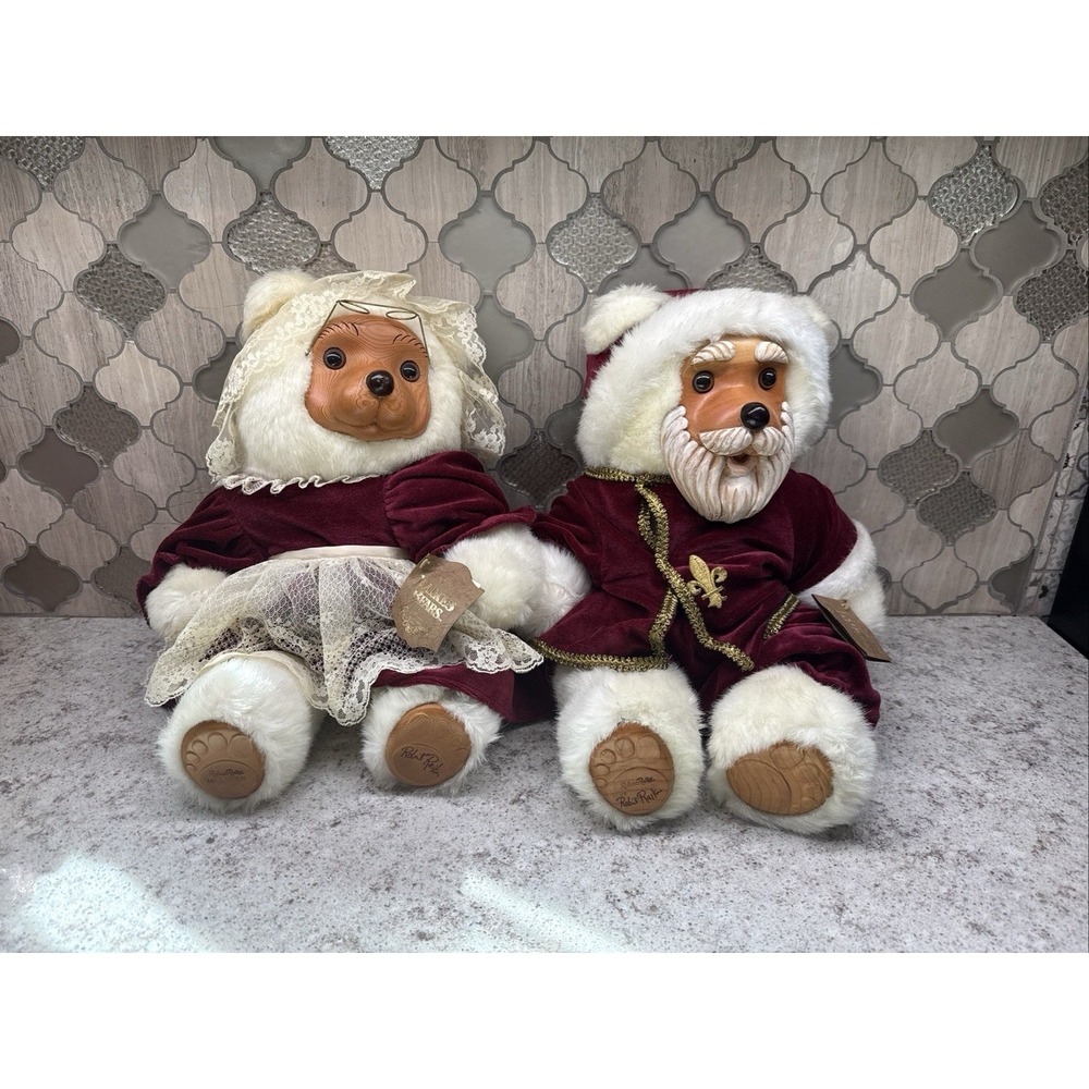 VTG. 1988 18" Raikes Bears Santa & Mrs Claus Wood Face Feet SIGNED Numbered Tags